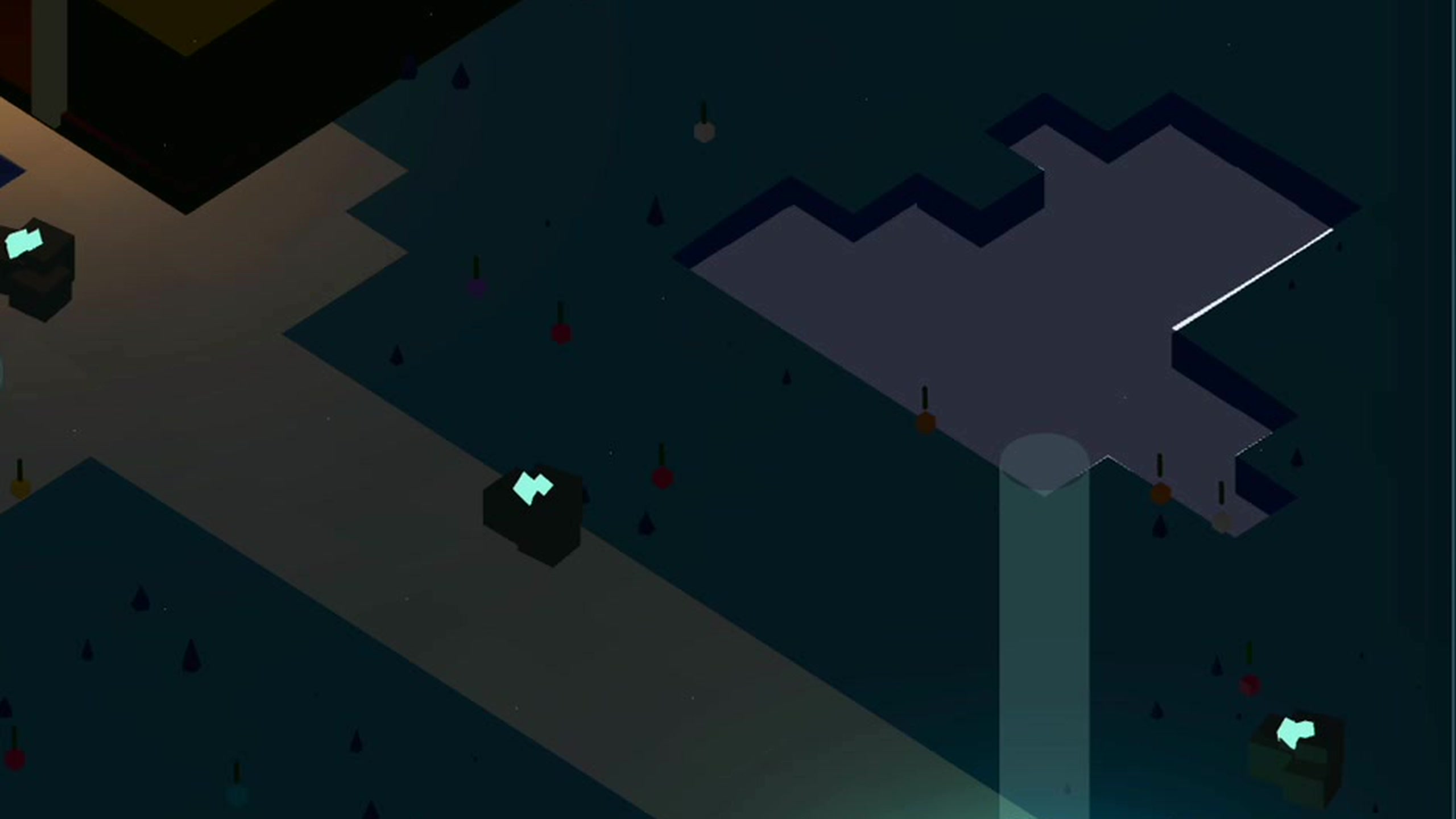 AgentFi Realm · voxel pond intersection at twilight